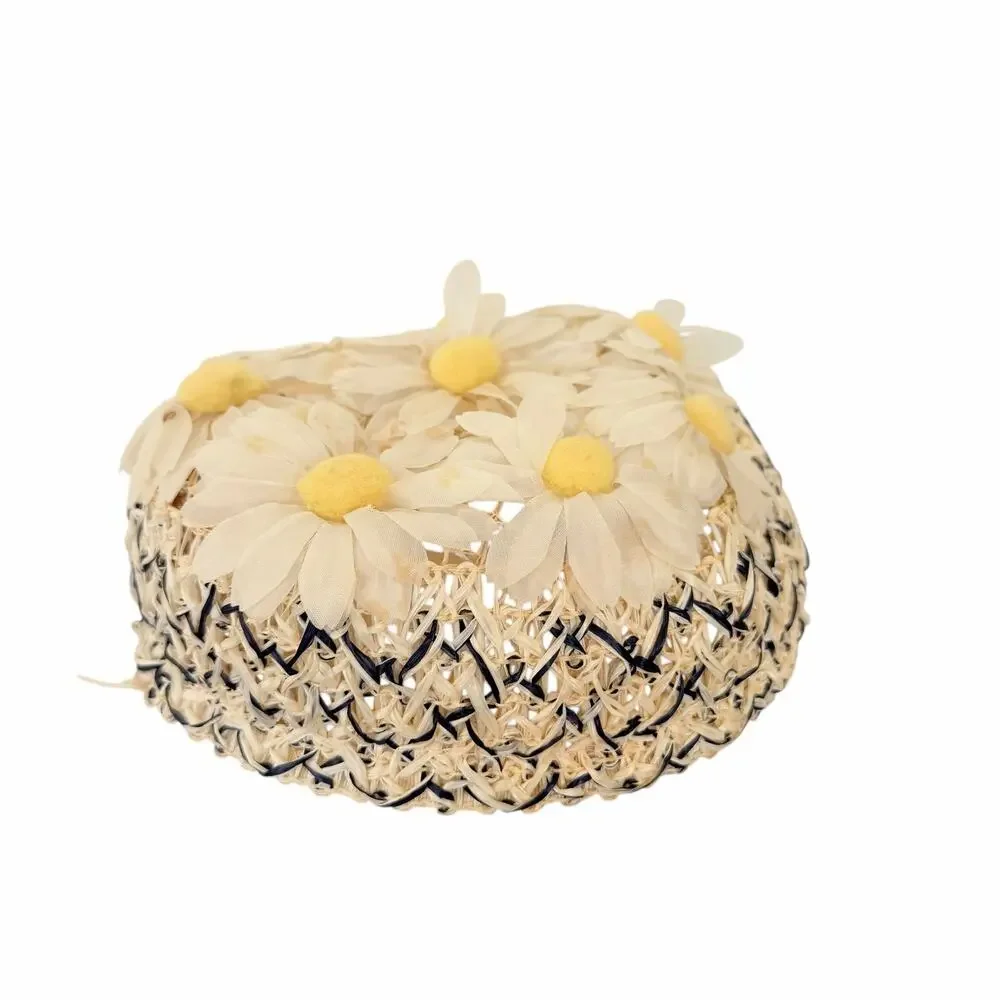 Vtg 1960s Daisy Pillbox Woven Hat Whimsy Grannycore